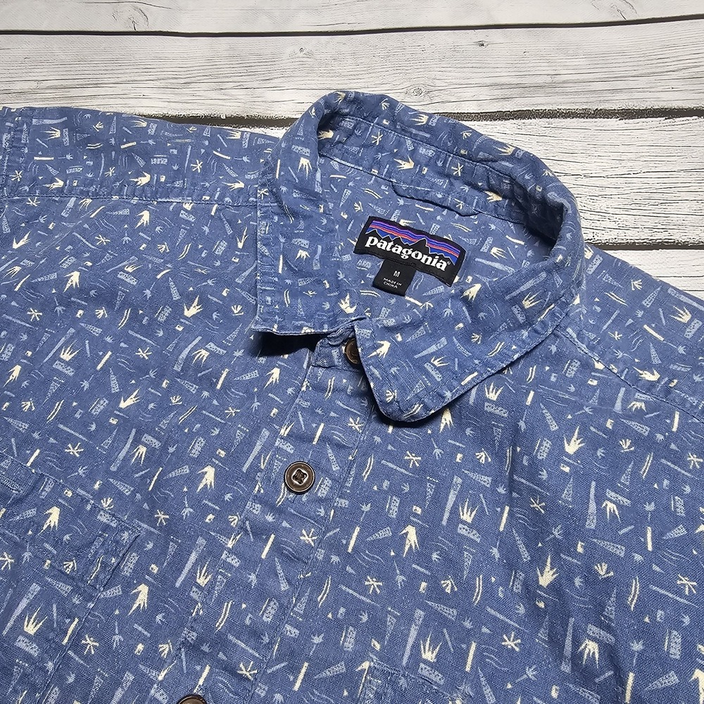Patagonia Back Step Shirt Mens Med‎ SS Button Up Swamp Step Pigeon Blue Hemp